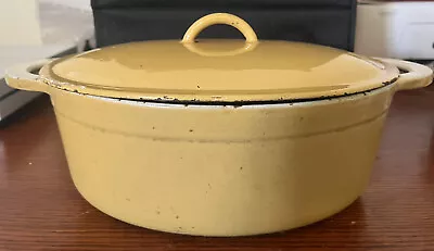 Vintage Descoware Belgium Mustard Gold Enamel Cast Oval Roaster Dutch Oven & Lid • $19.95