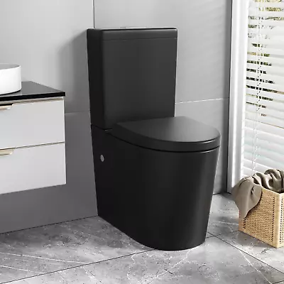 Black Toilet Rimless Close Coupled Toilet & Soft Close WC Seat Dual Flush Round • £369.99