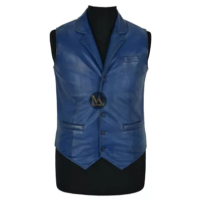 Men Biker Vest Motorcycle Buffalo Leather Multi Pocket Club Coat Style Blue Vest • $52.90