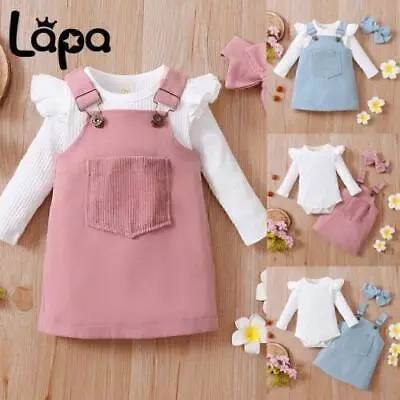 Newborn Baby Girls Frill Romper Tops Dungaree Dress Headband Outfit Set New3PCS • £2.59