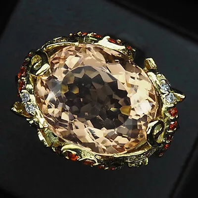 Morganite Peach Orange Oval 14.50 Ct. Sapp 925 Sterling Silver Gold Ring Sz 6.25 • $38.83