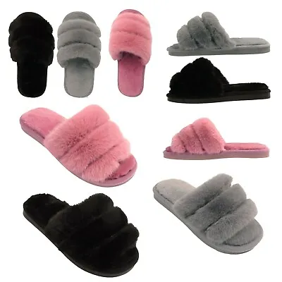 £6.90 • Buy Ladies Fluffy Slippers Womens Fur Winter Warm Furry Open Toe Bridal Mules Shoes 