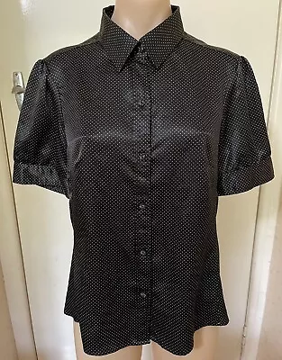 Basque Collared Short Sleeve Fitted Black Polkadot Blouse Size 14 • $11