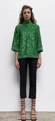 100% Authentic ZARA Apple Green Sequin Chenille Sweater Top $69.90 Size: XS • $39.90