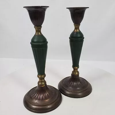 Vintage Taper Candlesticks Metalware Metal Green Brown 8 Inch Tall • $14