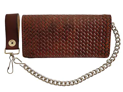 Rustic  Genuine Leather Trucker Biker 7  Wallet W/ Chain Basket Weave • $32.95