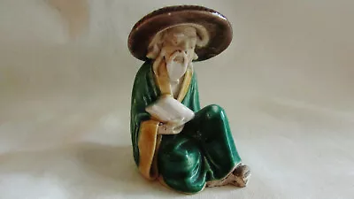 Asian Chinese Vintage Signed Antique Green Glazed Clay Mud Man Seated Figurine • $9.99
