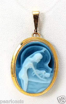 Mother & Baby Agate Cameo Pendant 14K Yellow Gold Great Gift For Mothers NEW • $159.90