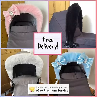 Fluffy -FAUX FUR- Pram Hood Trims -Blue -Pink- Grey -With Ribbons- BN -Universal • £13.99