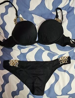 Ann Summers Bikini Black And Gold Chain 32b Top Size 8 Bottoms • £14