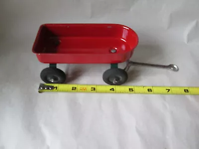 Vintage Red Tin Wagon With Handle And Large Rubber Wheels 5  Inch (Unbranded) • $8.95