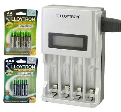 Lloytron Battery Charger Set AA AAA Rechargeable Batteries With Fast 1hr Charge • £13.98