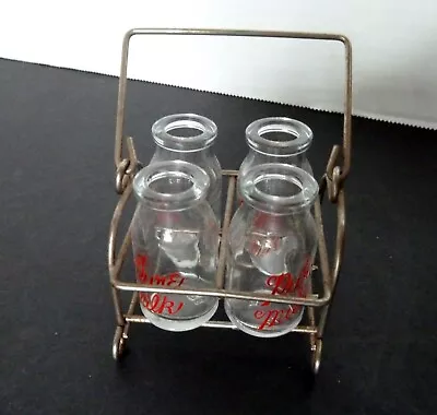Vintage Miniature Doll Set Of 4 Glass Pure Milk Bottles In A Metal Carrier • $24.95