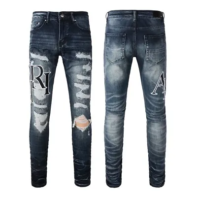Men's Punk Knee Ripped Letter PU Patchwork Stretch Skinny Fit Denim Blue Jeans • $59.17