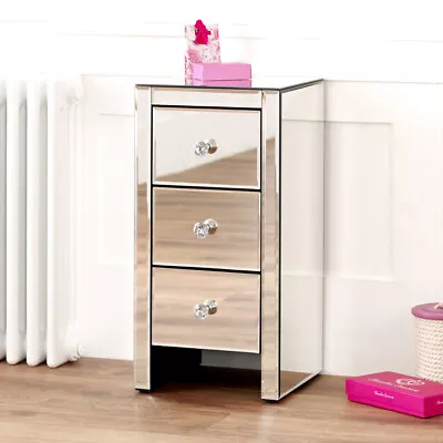 Venetian Mirrored 3 Drawer Slim Narrow Bedside - Side Nightstand Table - VEN52 • £89