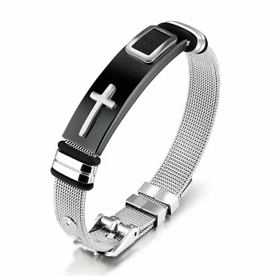 Men's Bible Prayer Cross Mesh Bracelet Bangle Wristband Stainless Steel Classic • $10.44