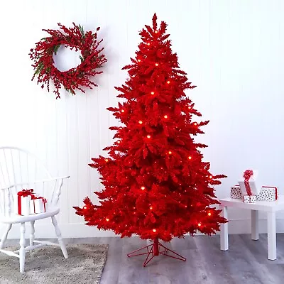 7’ Red Flocked Artificial Christmas Tree W/500 LED’s 40 Globe Bulb. Retail $610 • $179