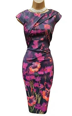 8 UK Karen Millen Multi Floral Signature Stretch Cocktail Races Pencil Dress • £69.99