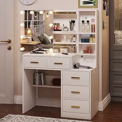 Makeup Table Vanity Desk With Sliding Mirror And 10 LED Light Bulbs 5 Drawers • $199.99