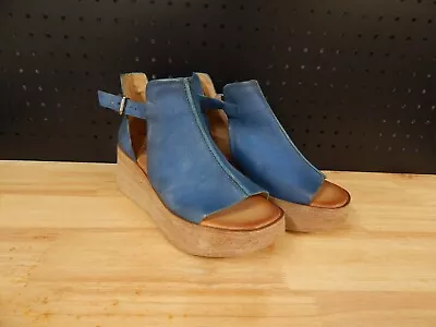 Miz Mooz Leather Wedge Sandals-Gloria-Denim-39 (US 8.5-9)-NEW-A483292 • $49.99