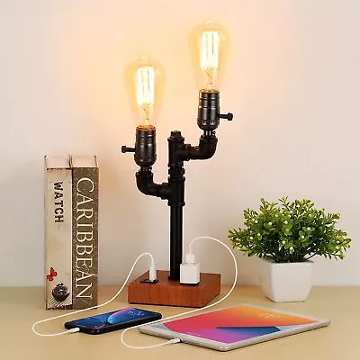 Industrial Table LampSteampunk Edison Pipe 2 Head Desk LampRustic Bedside Lamp • $25.90