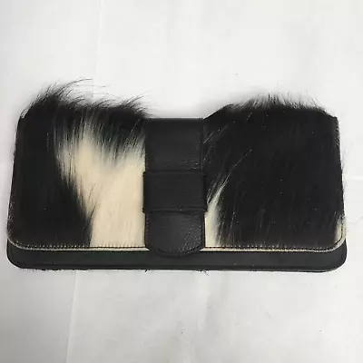 VINTAGE GOAT HAIR LEATHER CLUTCH PURSE BAG BLACK WHITE UNBRANDED 9.25 X4.5  • $39.95