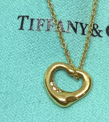 Tiffany & Co Elsa Peretti 18K Yellow Gold Diamond Open Heart Necklace 16” W/Box • $769.99