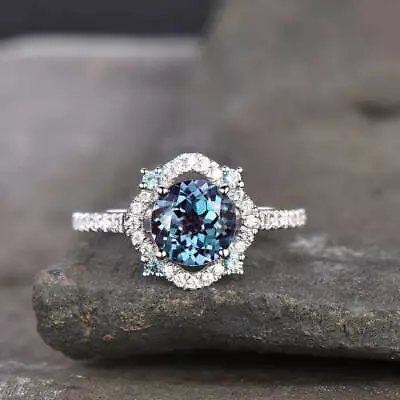 Lab-Created 2Ct Round  Alexandrite Engagement Ring 14K White Gold Plated Silver • $86.24