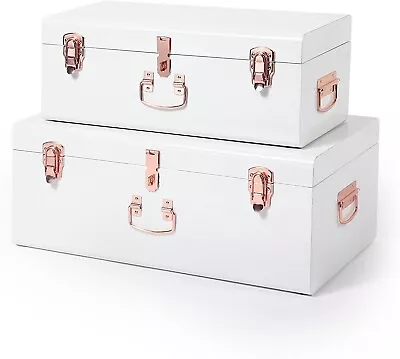BTFY Storage Trunks Chest Set Of 2 Cream & Silver Metal Box Lockable Organiser • $89.99