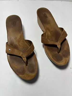 UGG Women's 7 Brook Toepost Wedge Brown Suede Sandal Thong Cork Flip Flop • $29.95