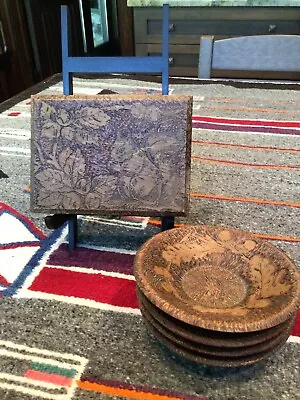 $175 • Buy Vintage Pyrography Squirrel Nut Cracker Set & 4 Bowls
