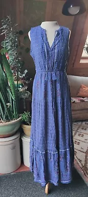 Old Navy M Boho Sleeveless Maxi Dress Blue Made In India Floral Tiered Flowy • $14