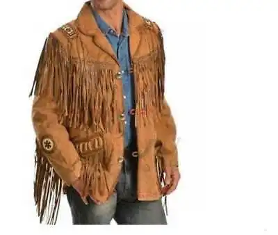 Men Suede Western Style Cowboy Leather Jacket With Fringe & Bead Work -Tan Brown • $124.99
