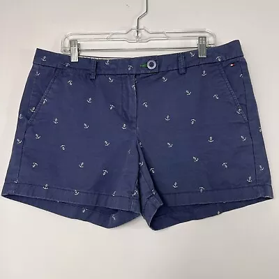 Tommy Hilfiger Shorts Women's Size 12 Blue Chino Anchor Mid Rise 100% Cotton • £14.47