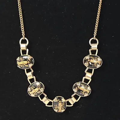 Black Glass Oval Intaglio Link 5 Panel Gold Tone Necklace Choker Vintage Asian • $24.99