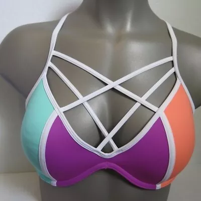 Victoria's Secret PINK Citrus Splash Colorblock Strappy Front T Back Cage L (DD) • $11.97