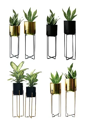 Metal Plant Pot Stand Tall Black Gold Flower Standing Planter Holder 2pc Set • £59.99