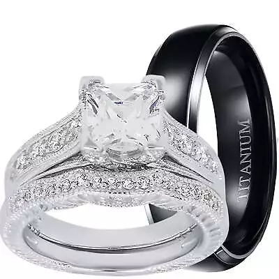 His Her Silver Titanium 3 Piece CZ Wedding Engagement Ring Set • $89.99