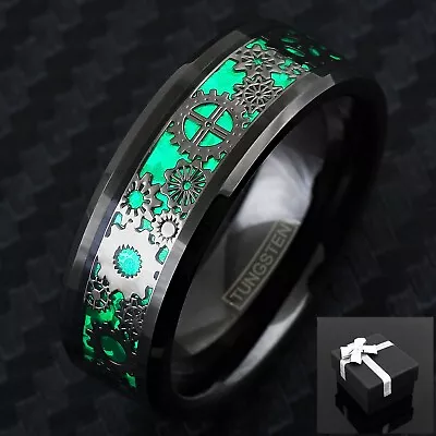 8mm Tungsten Gunmetal Steampunk Clockwork Gears Green Carbon Fiber Wedding Ring • $15.99