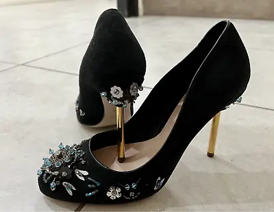 HOT Miu Miu Beaded Sequin Embellished Jewel Suede Gold Heel Black Pump Shoes! • $299.99