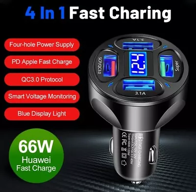 Fast Car Charger USB Cigarette Lighter Socket 4 Port Adapter For IPhone Samsung • £5.49