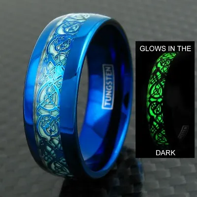 8mm Blue Tungsten Men's Ring Celtic Dragon *Glow In The Dark* Wedding Band • $14.99