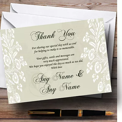 Vintage Lace Sage Green Chic Personalised Wedding Thank You Cards • £9.99