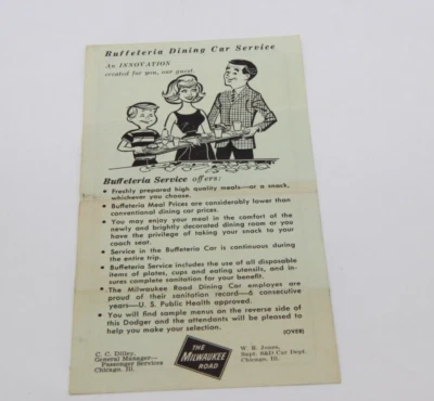$8.75 • Buy Milwaukee Road Buffeteria Dining Car Service Menu Small Single Sheet