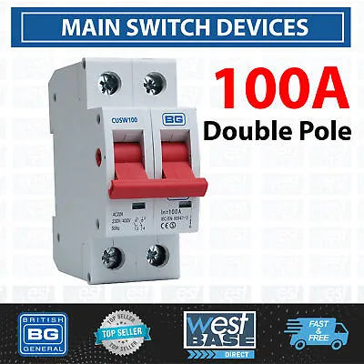 BG CUSW100 Main Switch ISOLATOR Device DOUBLE POLE 230V 100A DISCONNECTOR • £10.79