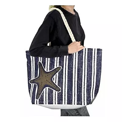 Striped Canvas Tote Shoulder Bag Rope Starfish Nautical Beach Navy Blue White • $8.95