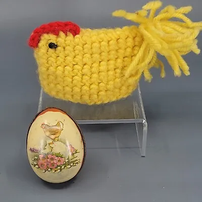 Vintage 1980s Easter Knitted Chicken Egg Cozy & Lithograph Egg Tin • $13.95