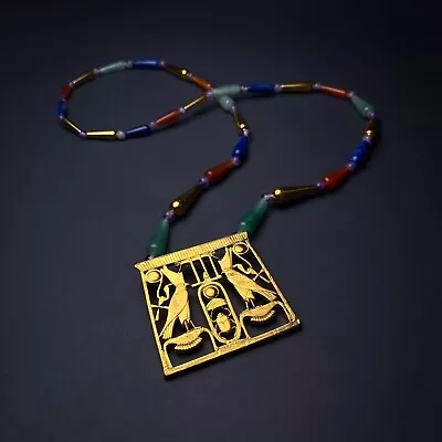 Vintage MMA 1976 Egyptian Scarab Falcon Gold Pectoral Stone Beaded Necklace • $400