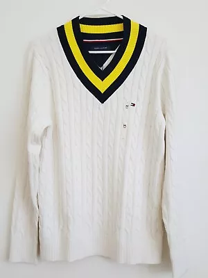 New TOMMY HILFIGER Men's Cable Knit Cotton Stripe V-neck Sweater • $49.99