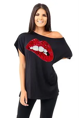£6.99 • Buy Womens Glitter Lips Print Off Shoulder Oversized Baggy Bardot T-Shirt Summer Top